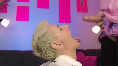 damsel gobble innocence femboy balls and sniffs his balls before impressive facial