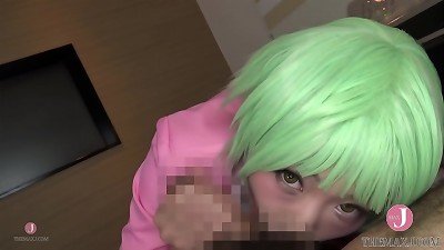[HentaiCosplay] Green-haired super-cute cosgirl gives a big blow job!