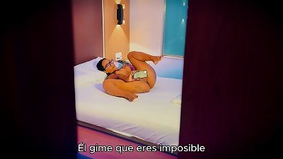 Stepmother jerks while her stepson secretly watches her.