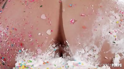 immense hooter stunner Maddy May Sits On Her bday Cake And Plays With Her handles Before stroking With Her vibro