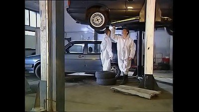 High class lady screwed by mechanics in garage
