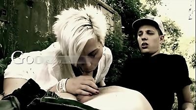 chiseled light-haired grandma fellates and plumbs under the bridge