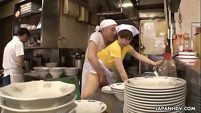 japanese waitress Mimi Asuka gets finger poked in the restaurant